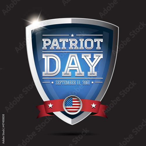 American flag words patriot day september 11, 2001 on shield