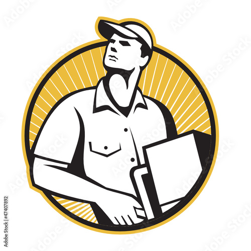 Delivery Man Pushing Dolly With Carton Retro