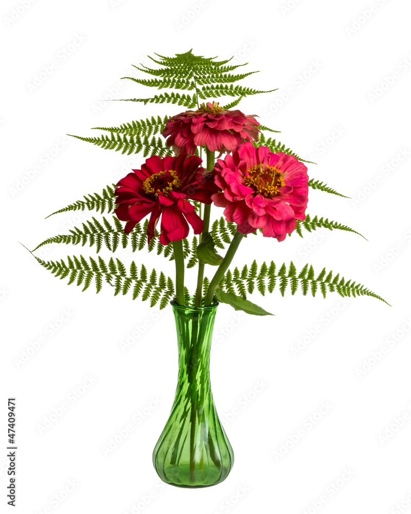 Flower arrangement with ferns and Zinnias