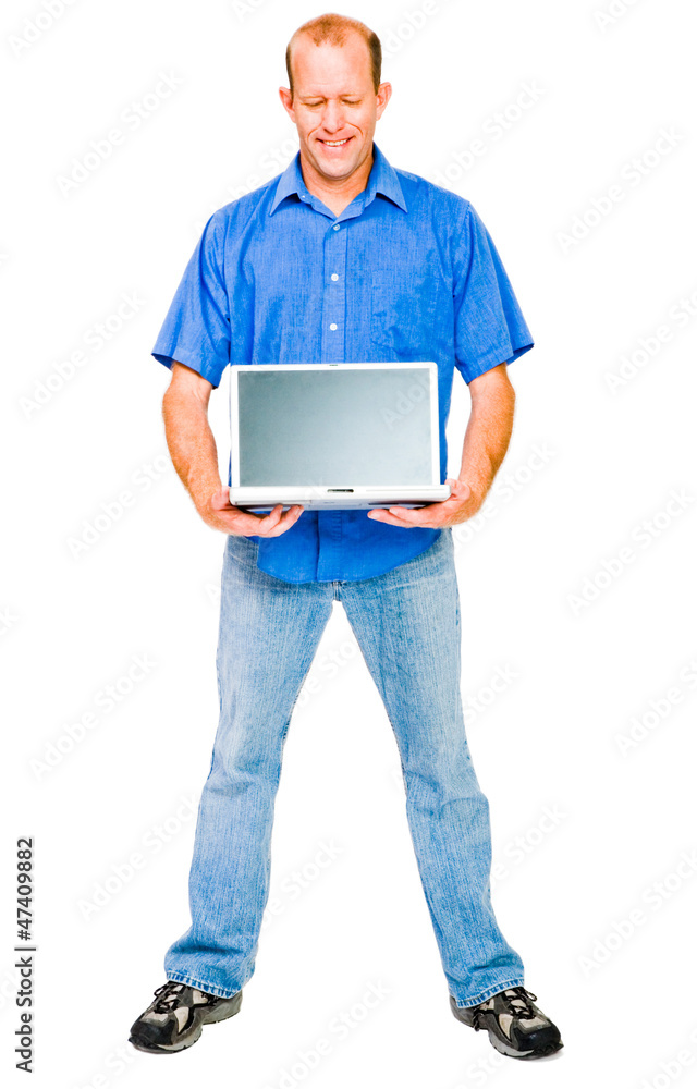 Smiling man showing laptop Smiling man showing laptop