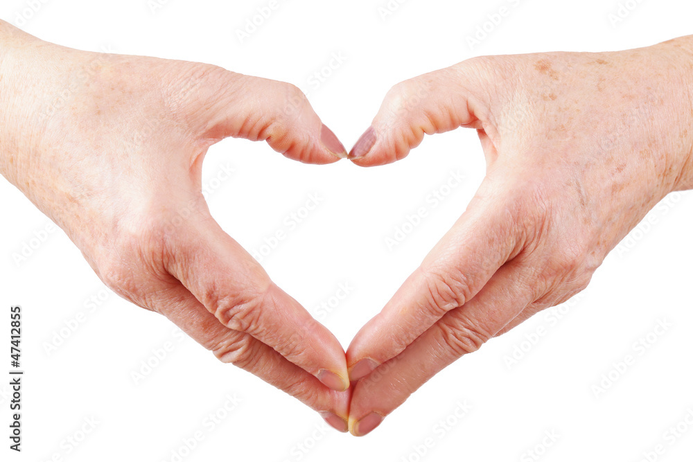woman senior hands show heart gesture, down, isolated woman senior hands show heart gesture, down, isolated