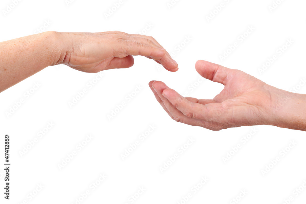 senior hand close to other hand, isolated, white senior hand close to other hand, isolated, white