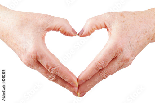 woman senior hands show heart gesture, down, isolated