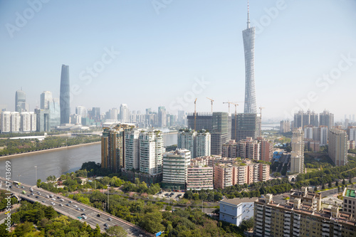 Panorama of Guangzhou with Canton Tower and Twin Tower