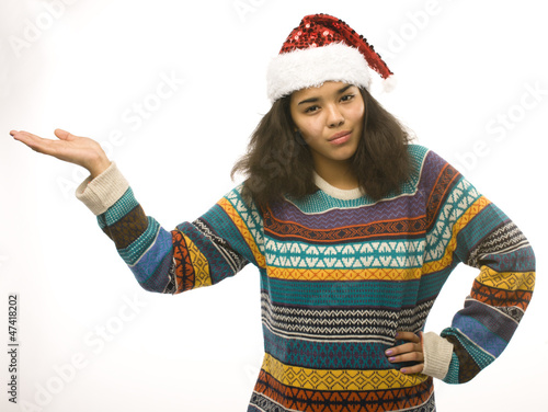 black skined woman in santas red hat photo