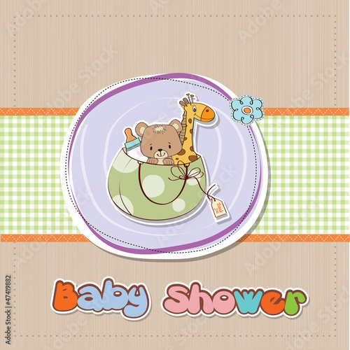 new baby announcement card with bag and same toys