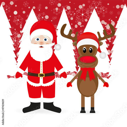 Christmas Reindeer and Santa Claus in the woods