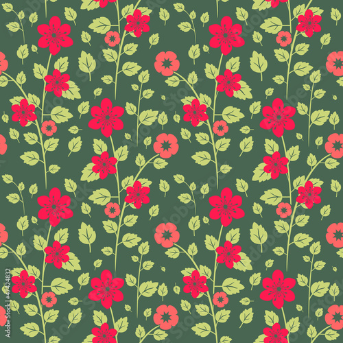 Bright red and green seamless floral texture © elyomys