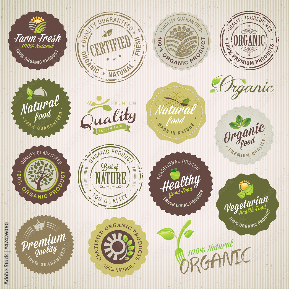 Organic food labels and elements - obrazy, fototapety, plakaty 
