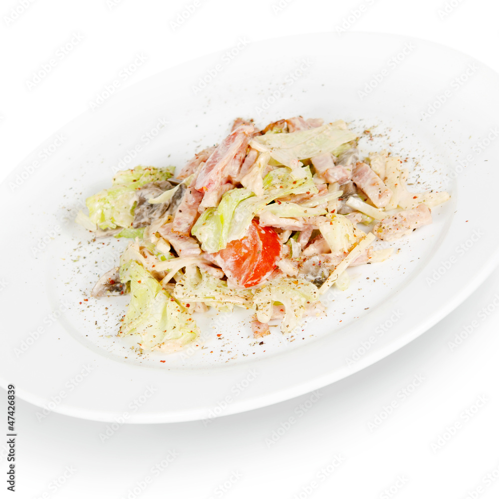 salad with bacon. isolated on white background