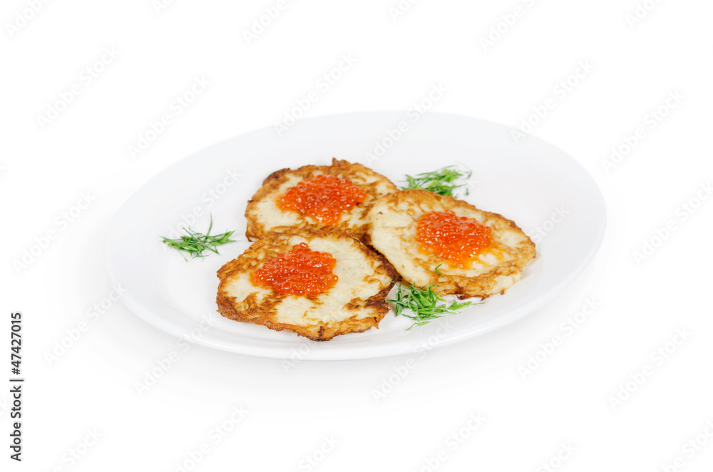 potato pancakes with red caviar. isolated on white background potato pancakes with red caviar. isolated on white background