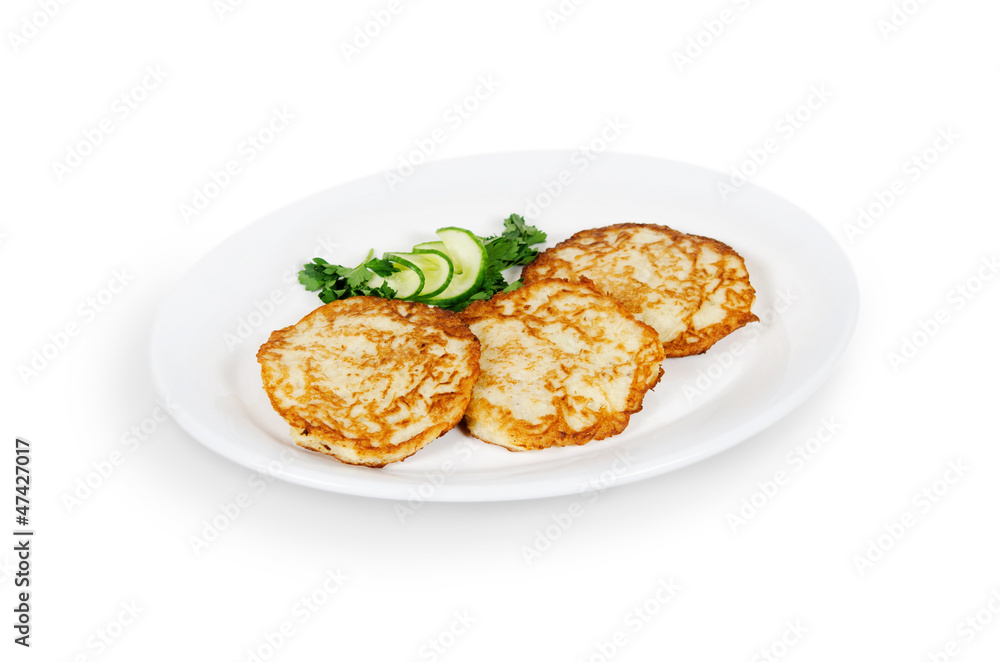 potato pancakes with a pig. isolated on white background potato pancakes with a pig. isolated on white background