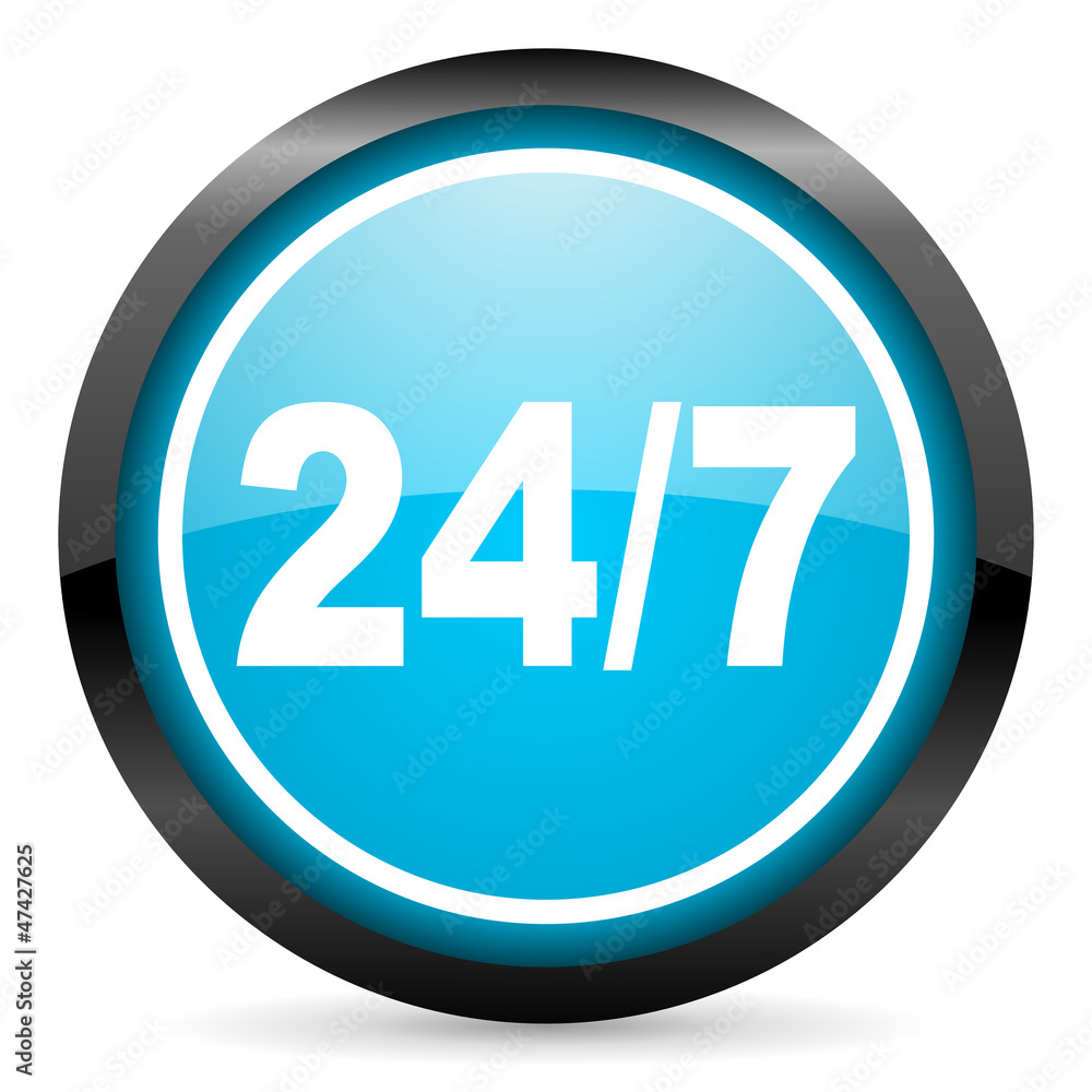 24/7 blue glossy circle icon on white background 24/7 blue glossy circle icon on white background