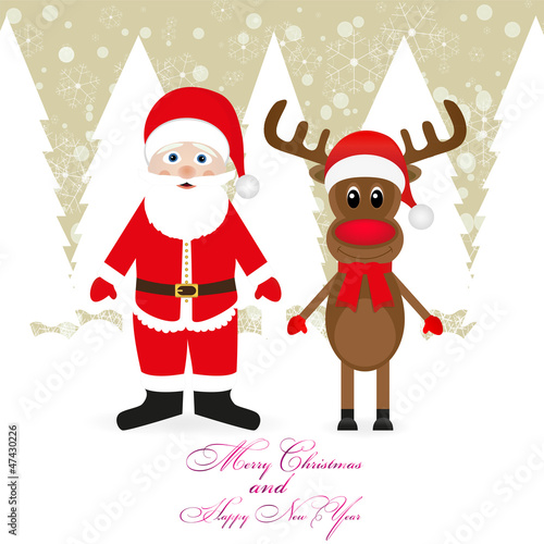 Christmas reindeer and Santa Claus in a gloomy forest