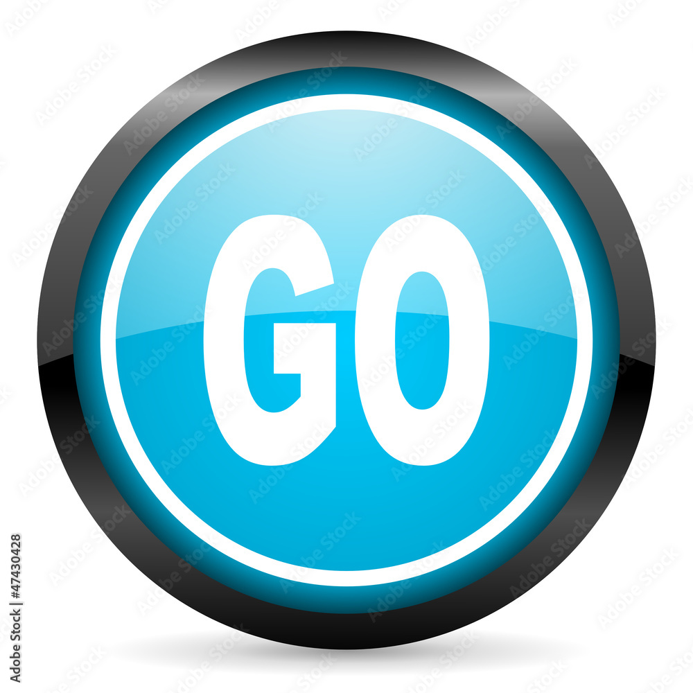 go blue glossy circle icon on white background