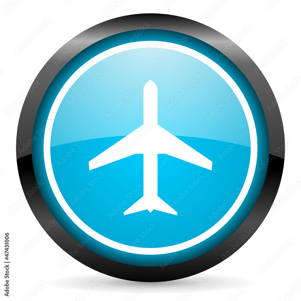 airplane blue glossy circle icon on white background