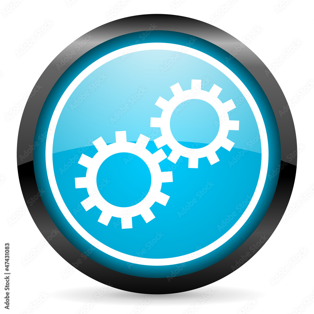 gears blue glossy circle icon on white background gears blue glossy circle icon on white background