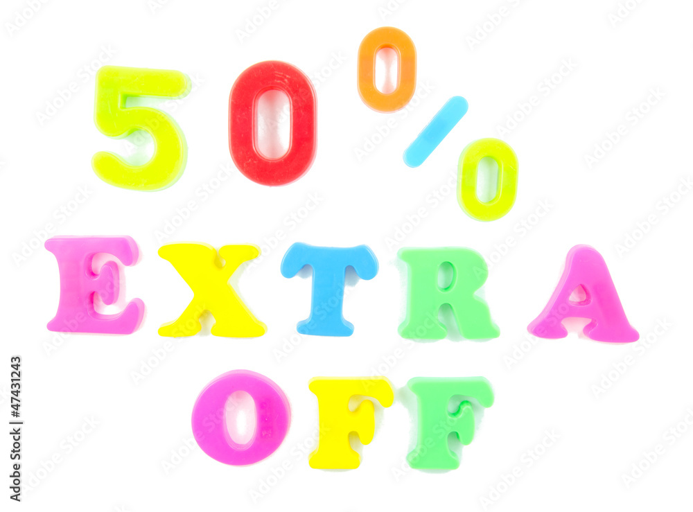 50% extra off written in fridge magnets 50% extra off written in fridge magnets