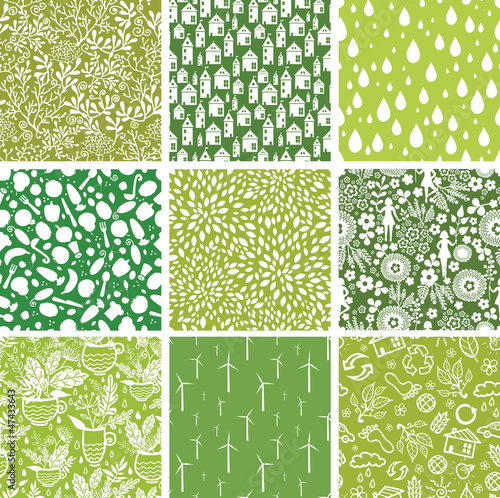 Set of nine vector ecological seamless patterns backgrounds with