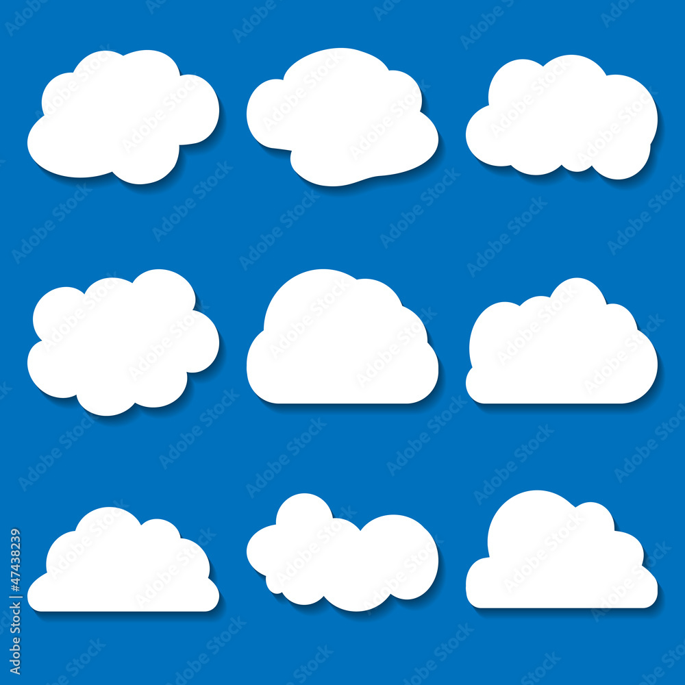 set of white paper clouds on the blue background