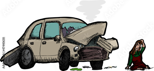 Woman and Wrecked Car