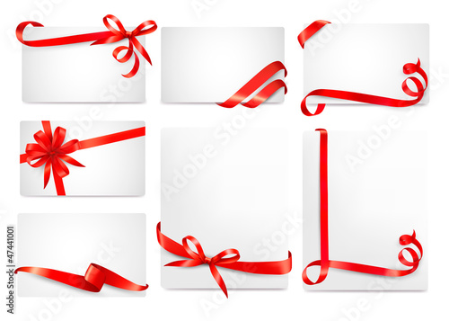 Set of beautiful cards with red gift bows with ribbons Vector