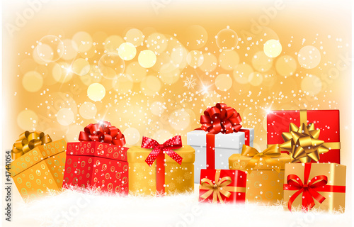 Christmas background with gift boxes and snowflakes. Vector illu
