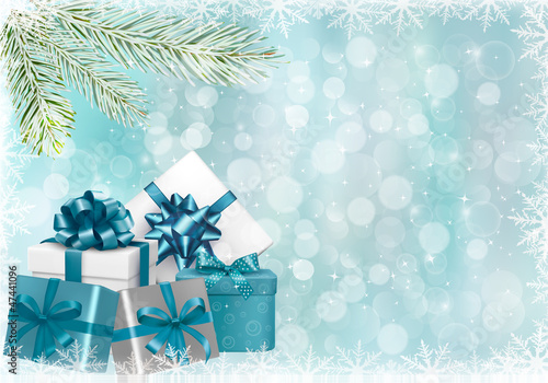 Christmas blue background with gift boxes and snowflakes. Vector