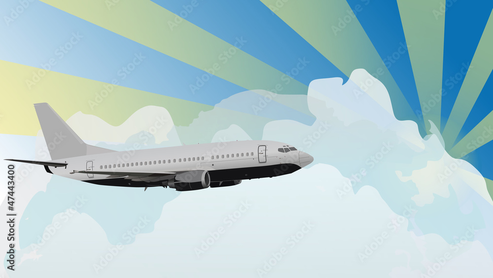 airplane in blue sky with clouds illustration
