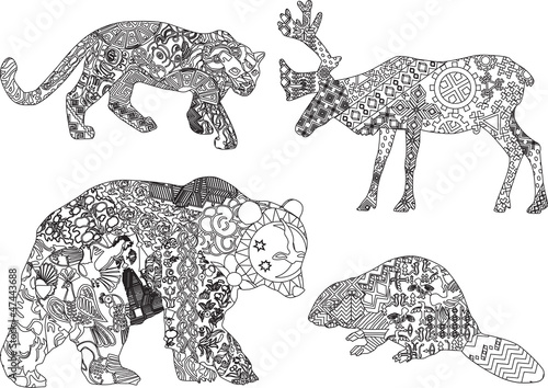four animals from different countries in ethnic patterns