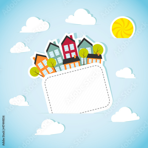 Paper banner with small town. Vector illustration.