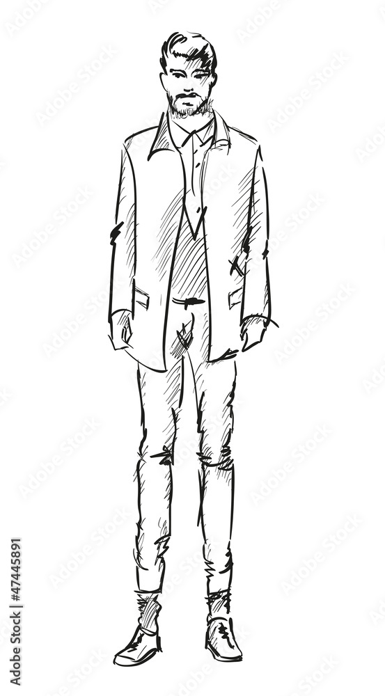 Sketch. Handsome stylish man showcasing street fashion Sketch. Handsome stylish man showcasing street fashion