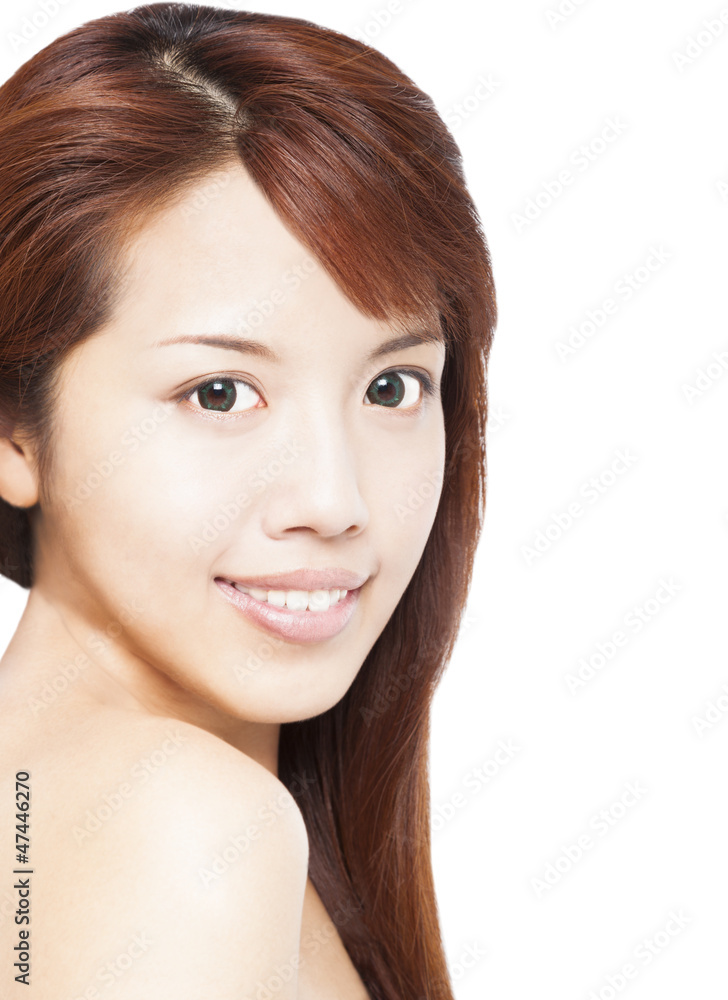 close up of beautiful smiling asian young woman face close up of beautiful smiling asian young woman face