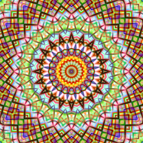 Colorful kaleidoscopic abstract circular pattern.