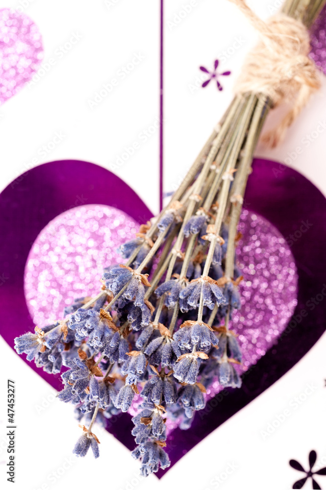Fototapeta premium Small bouquet of lavender on a background with a heart