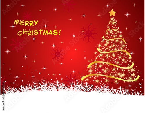 Red snow background. Gold Fir-tree....