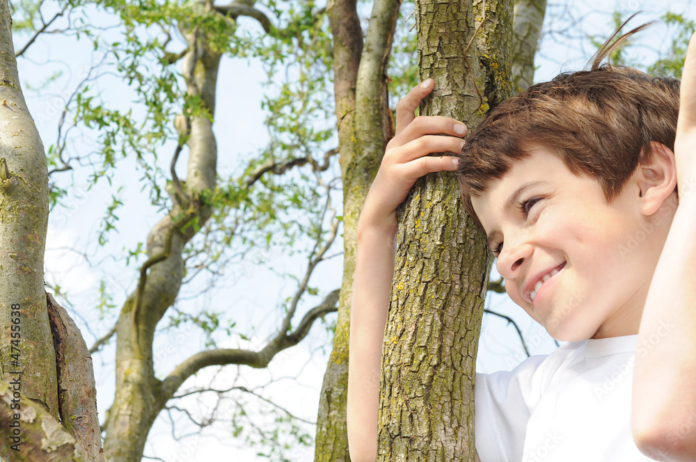 Happy boy smiling and climbing in a tree Happy boy smiling and climbing in a tree