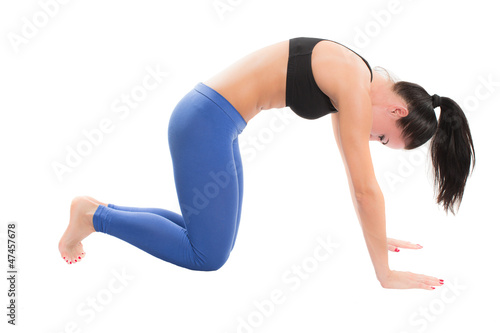 young woman make stretch on yoga pose on isolated
