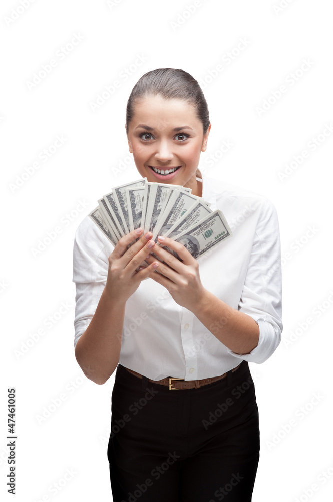 smiling young business woman holding money