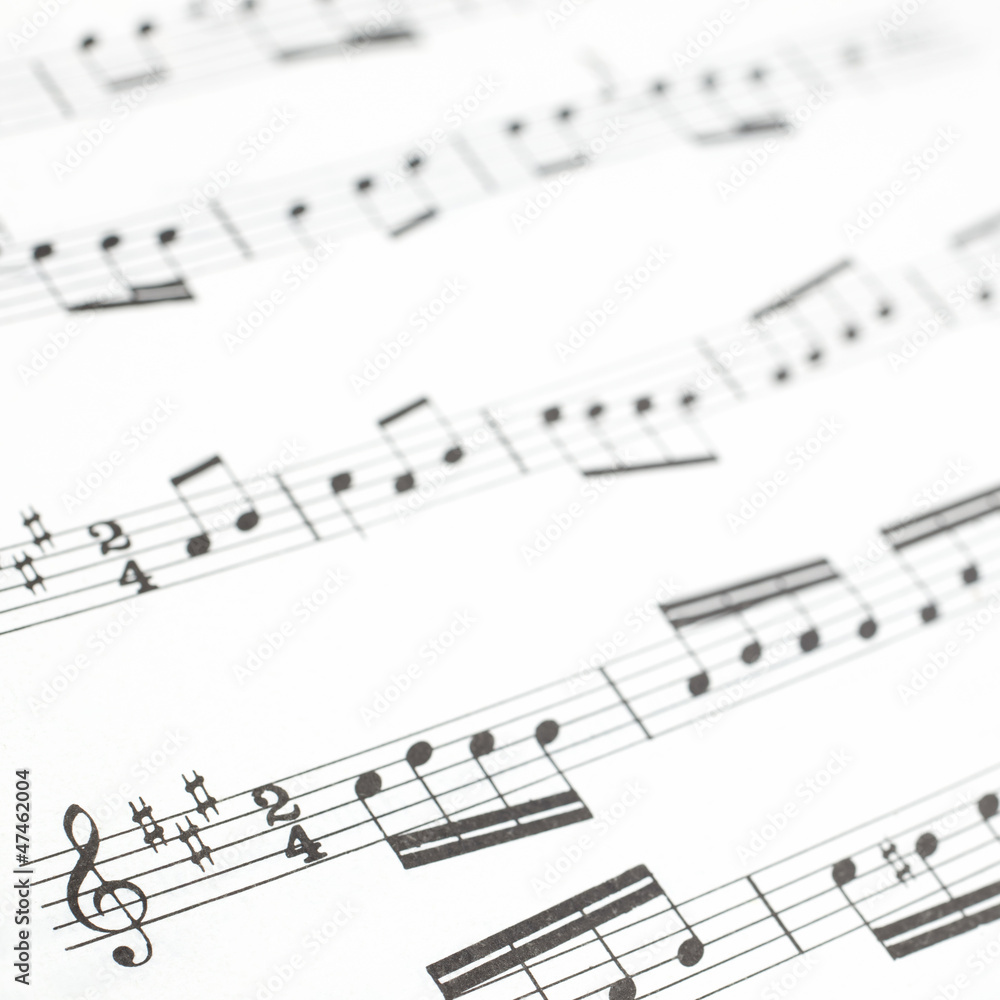 Old printed music sheet or score and musical notes Old printed music sheet or score and musical notes