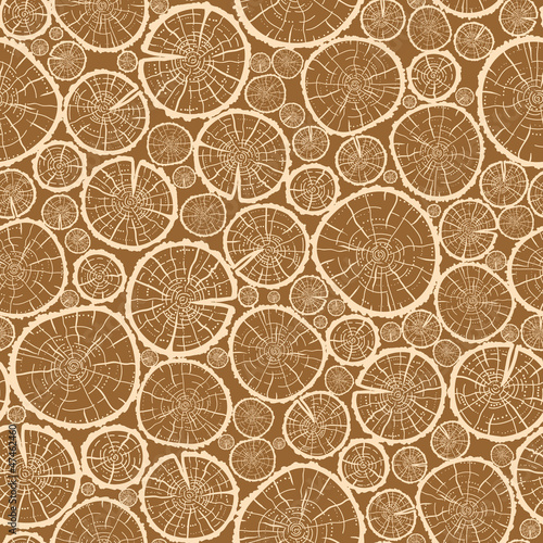Vector wood logs cuts seamless pattern background with hand