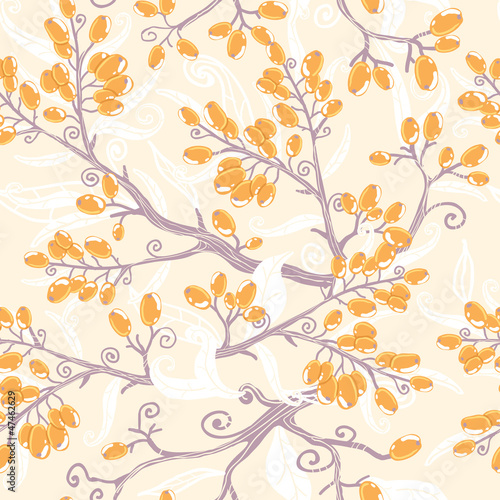 Vector orange buckthorn berries seamless pattern background with