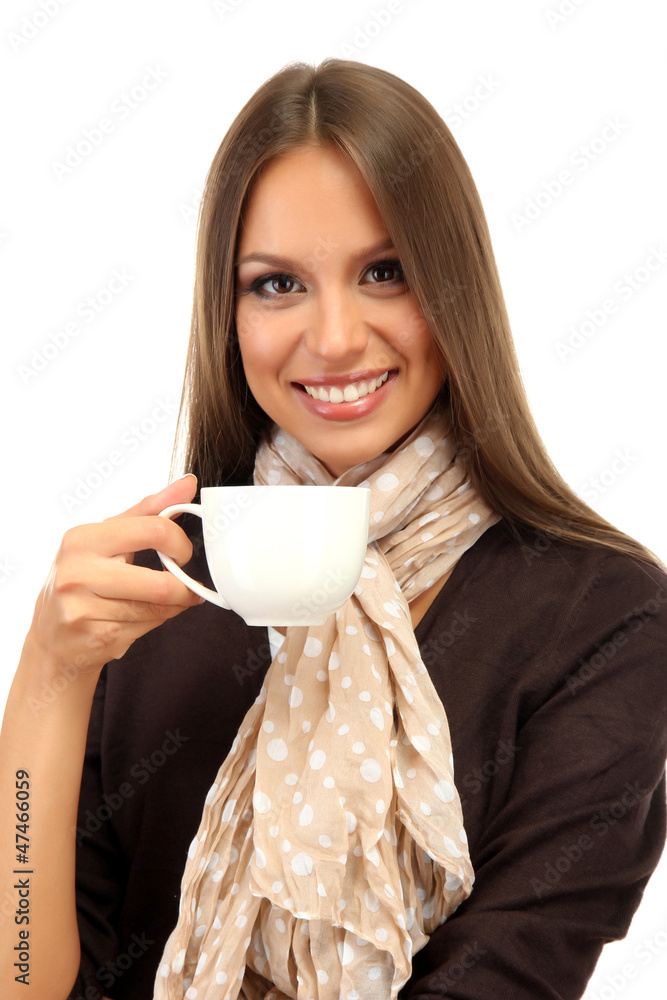 beautiful young woman with cup of coffee, isolated on white beautiful young woman with cup of coffee, isolated on white