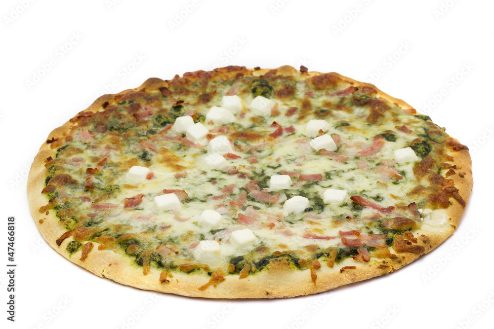 Isolated Pizza with spinach goat cheese and bacon