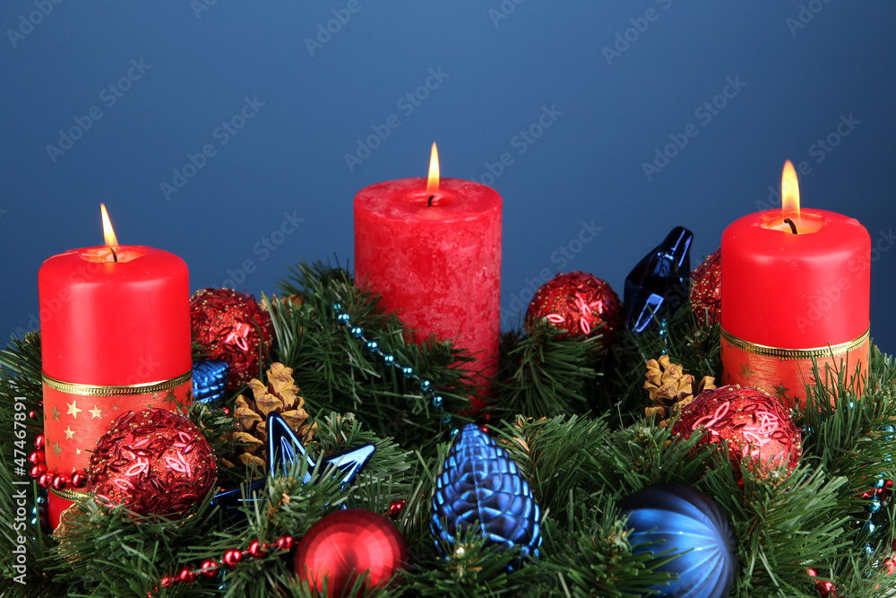 Beautiful Christmas wreath on blue background