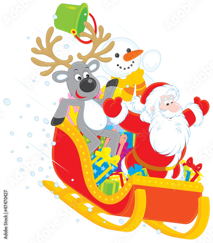 Santa, Reindeer and Snowman in a sleigh