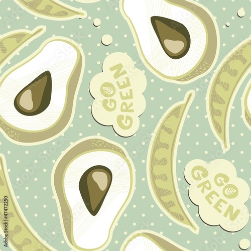 retro deseń avocado i fasola na niebieskim tle w kropki