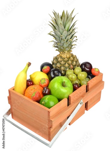 A wooden box crate of fresh fruit on white background