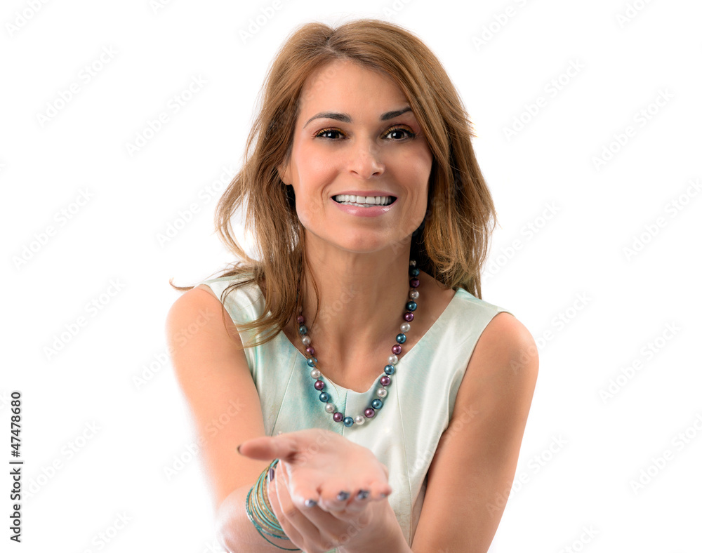 portrait of beautiful woman showing empty open hand palm portrait of beautiful woman showing empty open hand palm