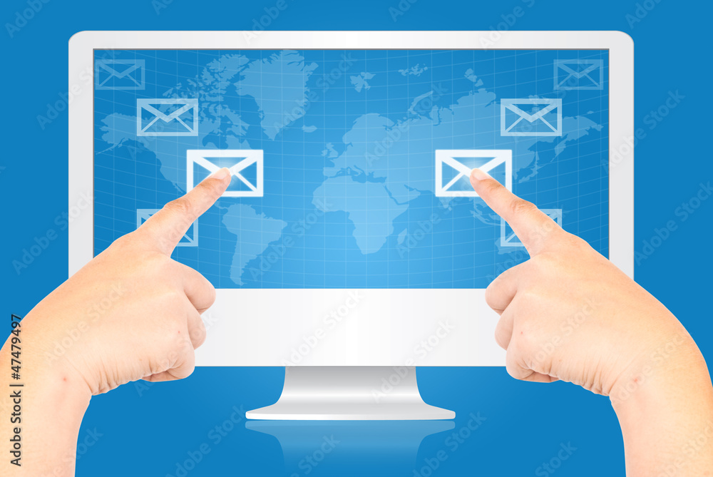 Hand pushing mail social network communication. Hand pushing mail social network communication.